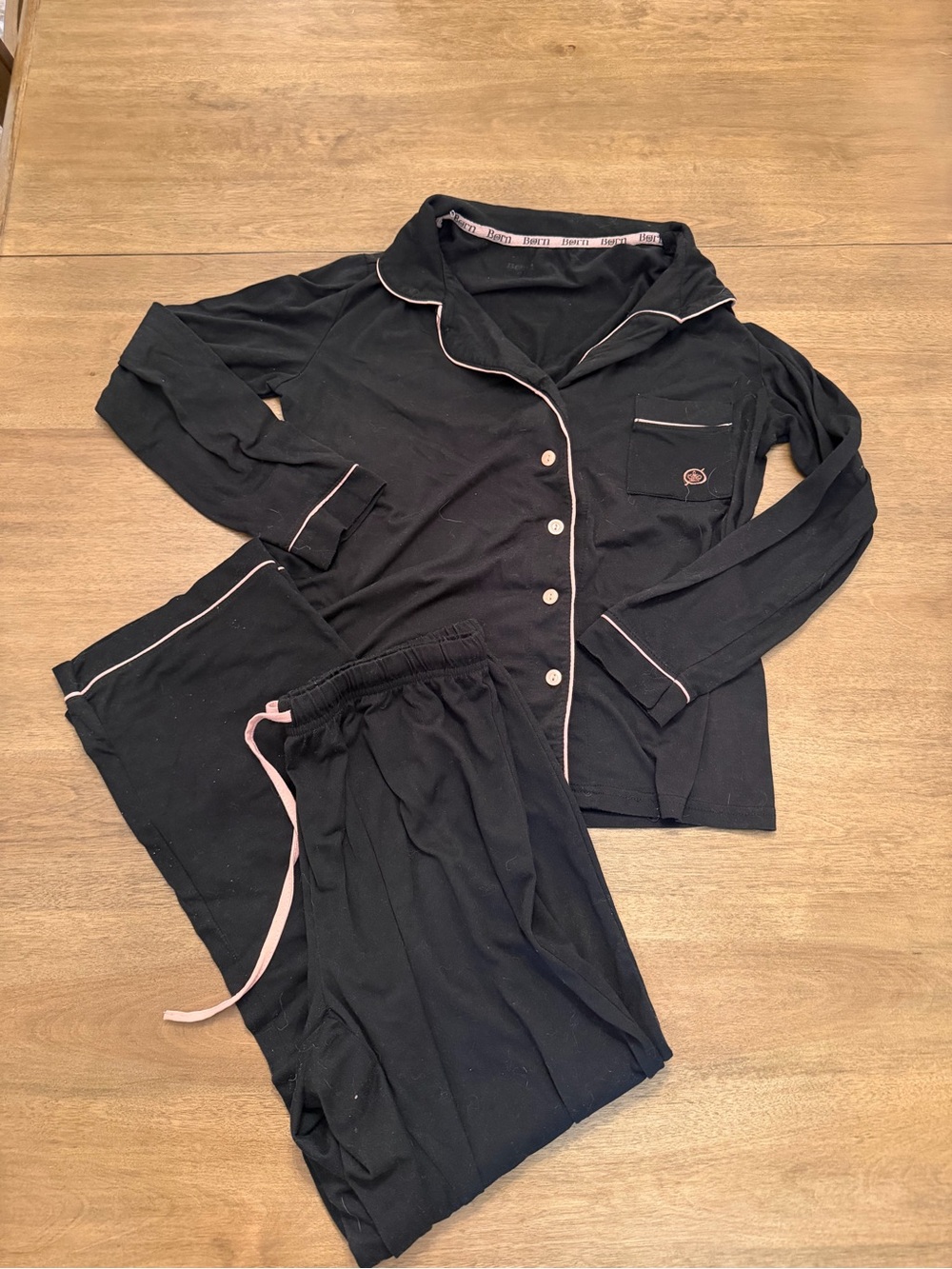 Black Pajama Set with Pink Piping